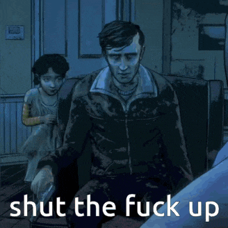a cartoon of a man sitting on a couch with the words shut the fuck up above him