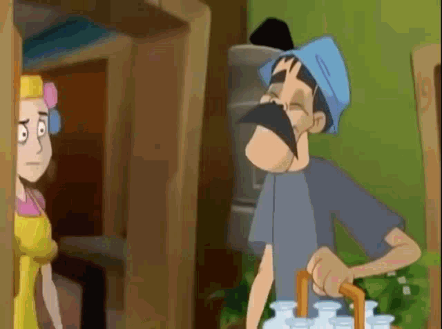 a cartoon man with a mustache is holding a bucket of water and talking to a woman .