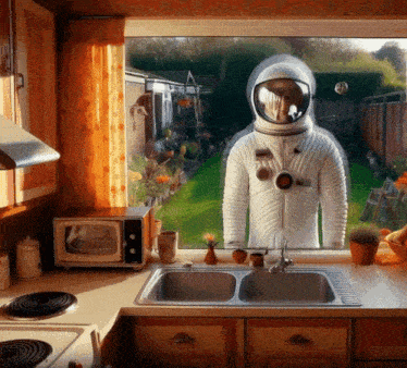 a man in a space suit is looking out of a window in a kitchen