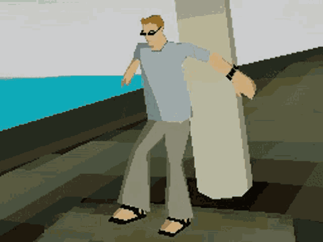 a pixel art drawing of a man standing next to a pillar