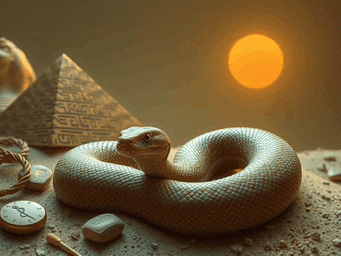 a snake is laying on the ground next to a pyramid