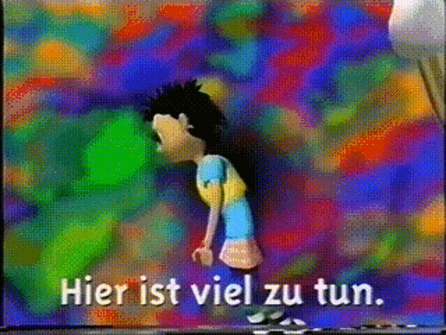 a cartoon character is standing in front of a colorful background and says " hier ist viel zu tun "