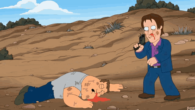 a cartoon of a man holding a gun next to a man laying on the ground with blood coming out of his mouth