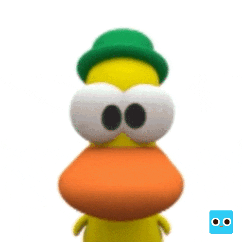 a yellow duck with big eyes and a green hat