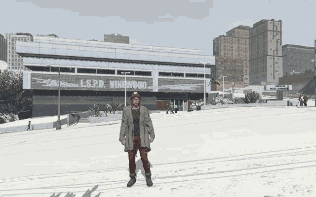 a man stands in front of a building that says ls.p.d. vinewood