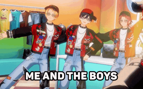 a couple of anime characters dancing with the words me and the boys below them