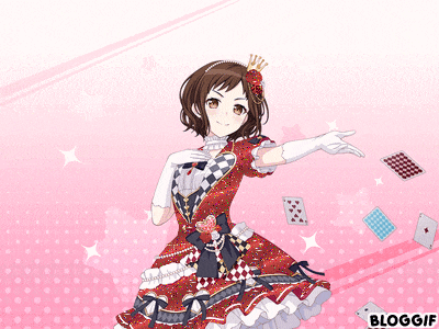 a girl in a red dress and white gloves is standing in front of playing cards