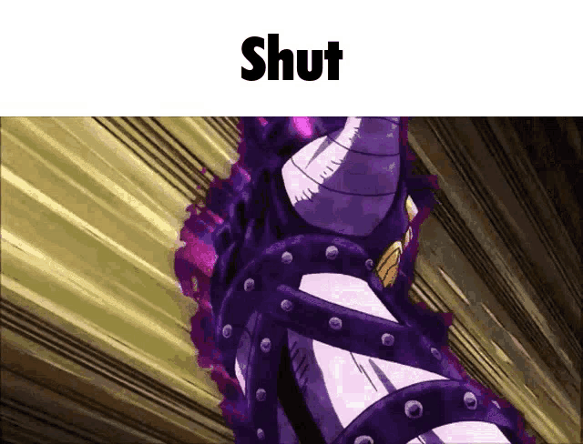 a picture of a purple object with the word shut on it .