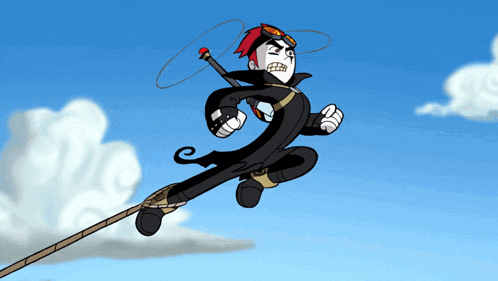 a cartoon character is flying through the air with a lasso in his hand
