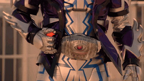 a close up of a person wearing a purple and white costume