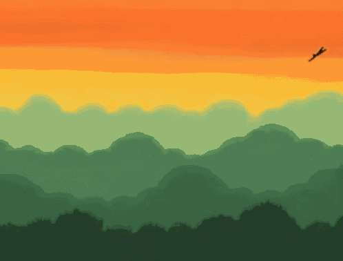 a painting of a sunset with a plane flying over a forest