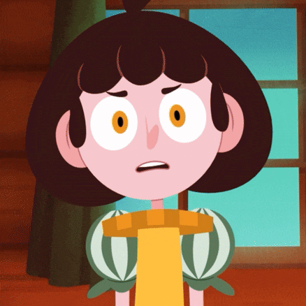a cartoon girl with brown hair and orange eyes is wearing a yellow shirt
