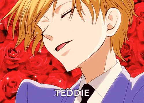 a close up of a person with the name teddie written on the bottom