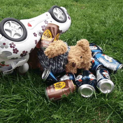 a teddy bear holding a can of leffe sits in the grass