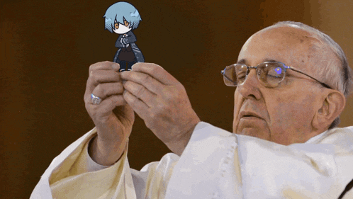 a man in a white robe is holding a cartoon character