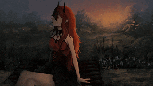 a painting of a woman with red hair and horns is titled gabriel de lea