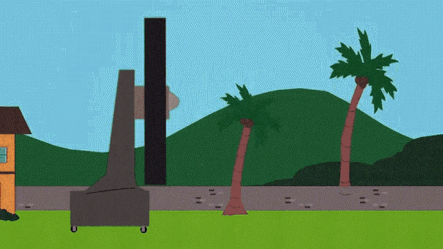 a cartoon drawing of a house and palm trees with mountains in the background