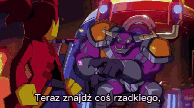 a cartoon character is talking to a purple monster with the words " teraz znajdź coś rzadkiego " below him