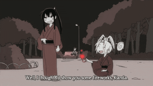 a black and white cartoon says well i thought id show you some fireworks kanda