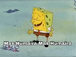 a cartoon of spongebob squarepants laughing with the words `` mas humaira mas humaira '' written above him .