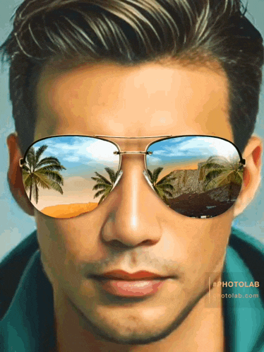 a man wearing sunglasses has a reflection of palm trees in his lenses
