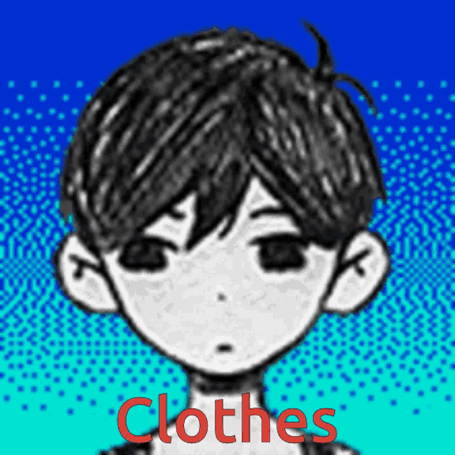 a black and white drawing of a boy with the word clothes in red