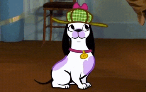 a cartoon dog wearing a green hat with a bow