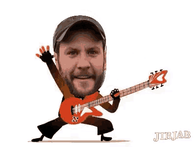 a man with a beard is playing a red guitar .