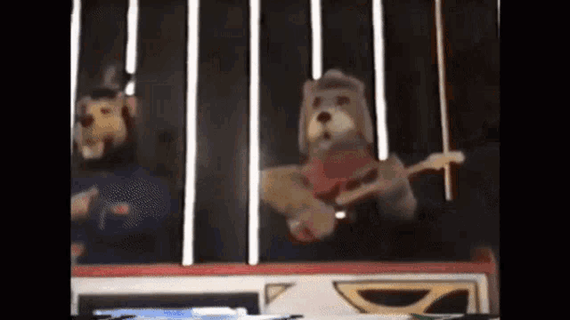 two stuffed animals are playing instruments behind bars