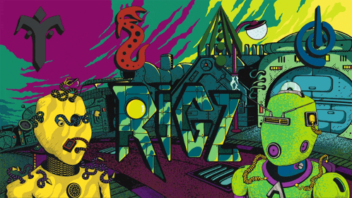 a colorful drawing of two robots standing in front of a sign that says riot