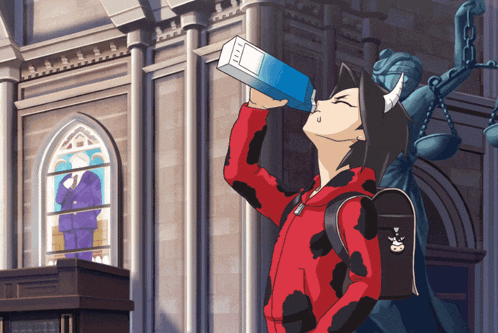a cartoon character drinking from a bottle with a cow on it