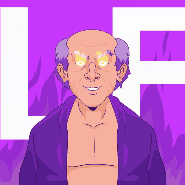 a cartoon of an old man with glowing eyes and the letter l on the bottom
