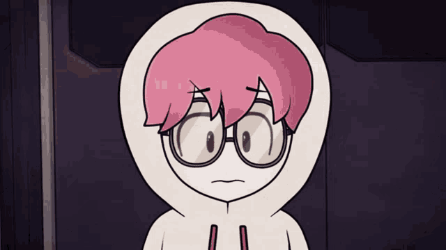a cartoon character with pink hair wearing glasses and a white hoodie