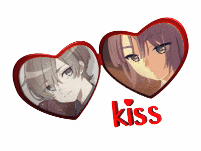 a couple of hearts with the word kiss in red