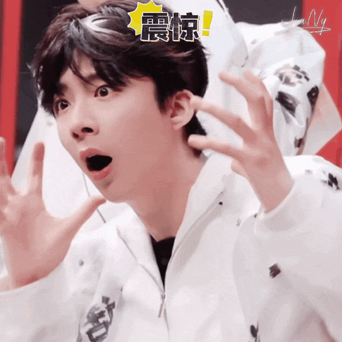 a person with a surprised look on their face and a yellow sticker that says jang
