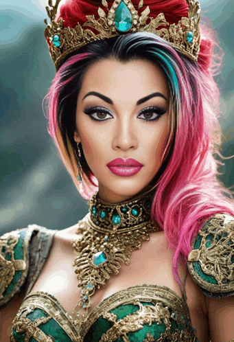 a woman with pink hair and a gold crown