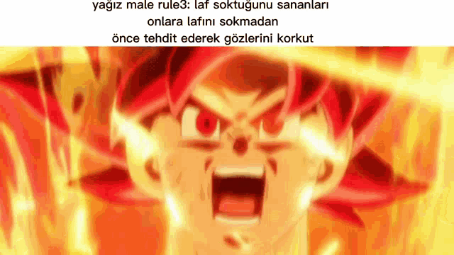 a cartoon character with red hair and red eyes is surrounded by flames and fire .