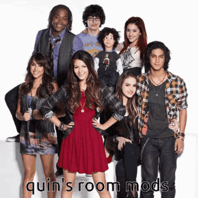 a group of people posing for a picture with quin 's room mods written below them