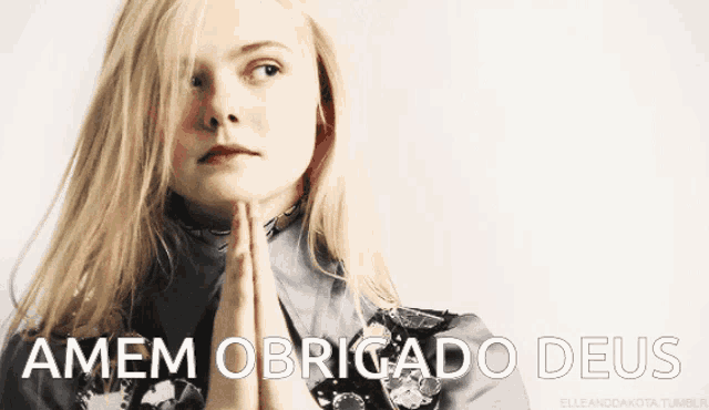 a woman with her hands folded and the words amem obrigado deus