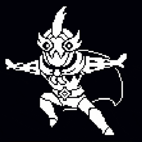 a pixel art drawing of a monster with horns and a cape on a black background .