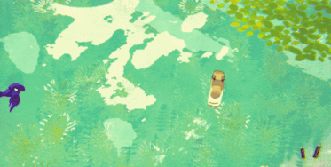 a painting of a body of water with green plants