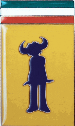a blue silhouette of a man with horns is on a yellow background