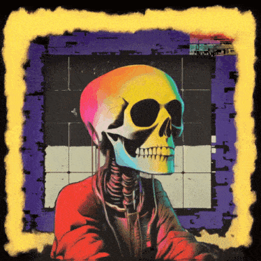 a painting of a skeleton with a rainbow colored head