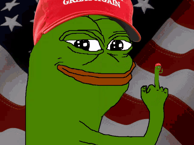 a green frog with a red hat that says great again