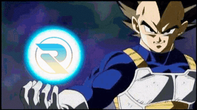 a cartoon character is holding a blue circle with the letter r in it