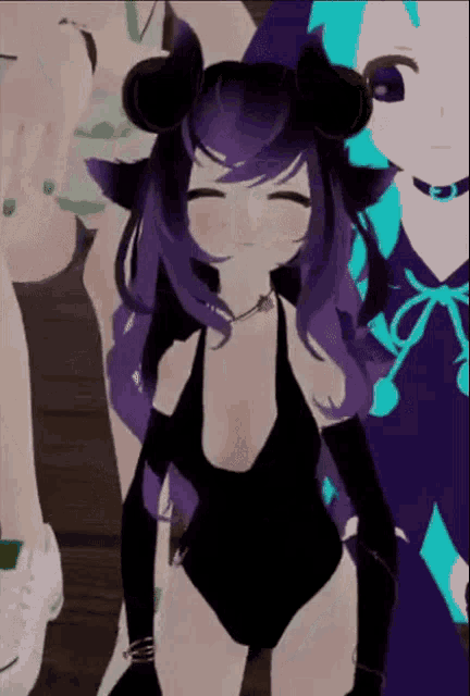 a girl with purple hair is wearing a black bodysuit and black gloves .
