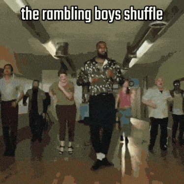 a group of people are dancing in a hallway with the words " the rambling boys shuffle " above them