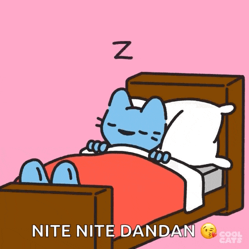 a cartoon cat is sleeping in a bed with the words " nite nite dandan " on the bottom