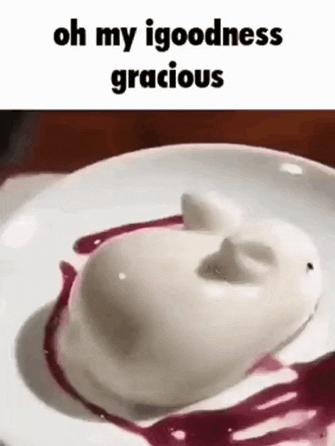 a white dessert with a purple sauce on a white plate with the words `` oh my igoodness gracious '' .