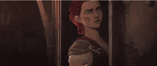 a man with red hair is standing in a dark room looking at the camera .
